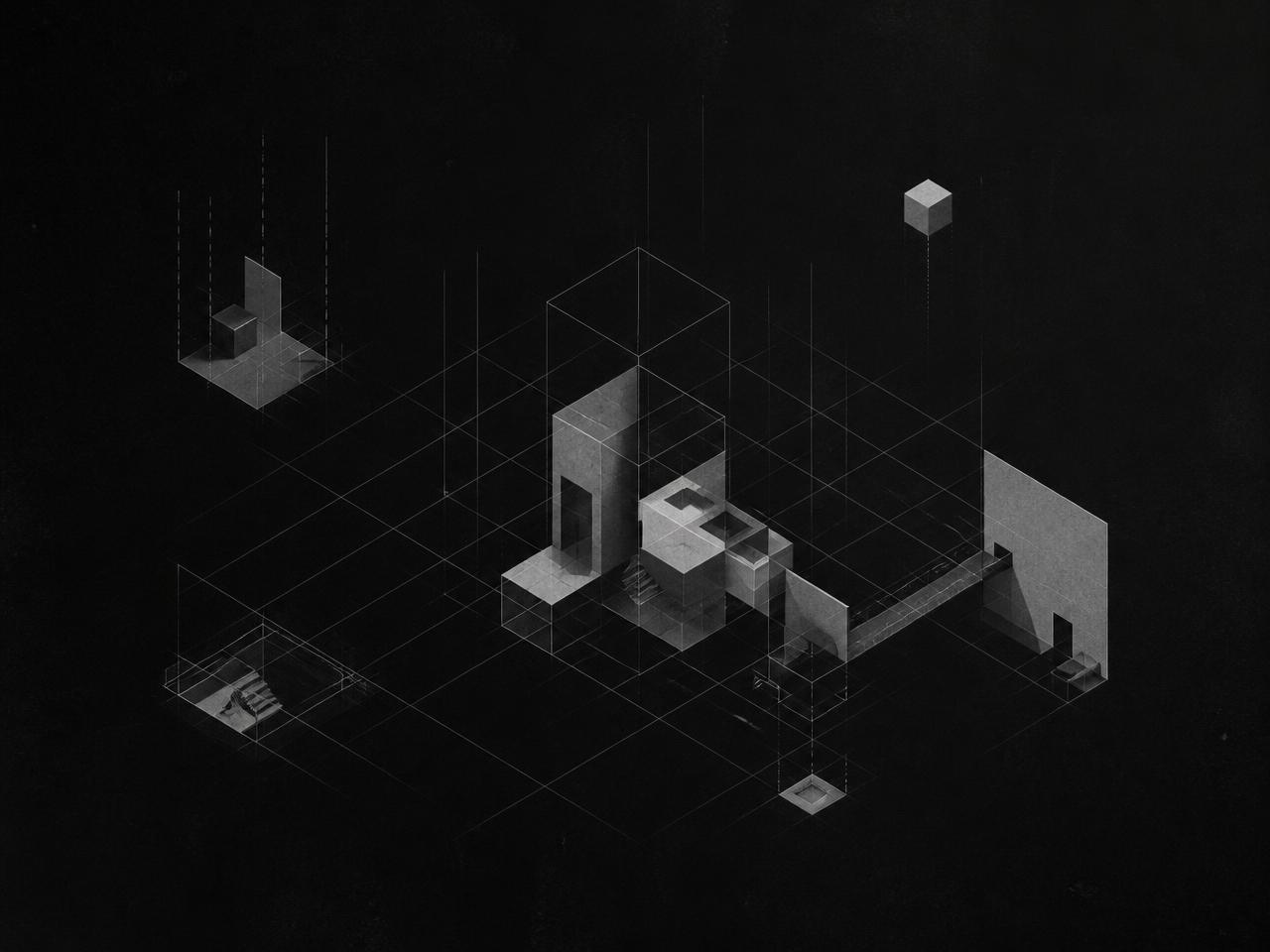Isometric wireframe lattice of geometric blocks